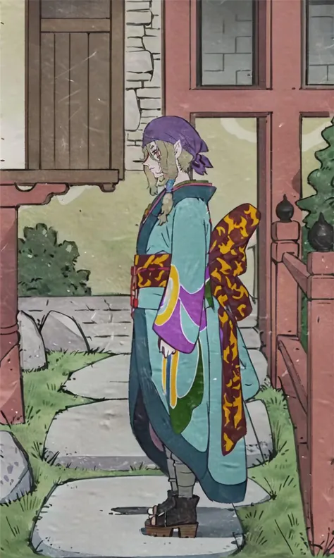(Masterpiece:1.2), (best quality:1.2), (ultra high resolution:1.2), yaolang, 1boy, sitting on steps, stone steps, outdoor, architectural background, next to trees, grass, looking up, pipe, purple headscarf, robe, clogs, side view
