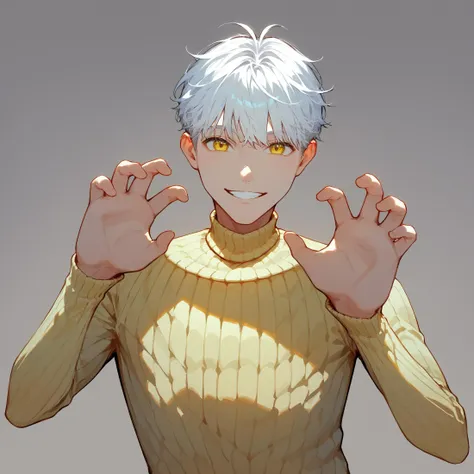 best quality, masterpiece, score_9, score_8_up, score_7_up, source_anime, rating_safe,
white hair, gradient hair, yellow eyes, long sleeves, looking at viewer, short hair, bangs, fluffy hair,parted lips, grin, sweater, turtleneck, turtleneck sweater, upper body, light yellow sweater,
1boy, solo, adult, hands, cute, manly face,
white background