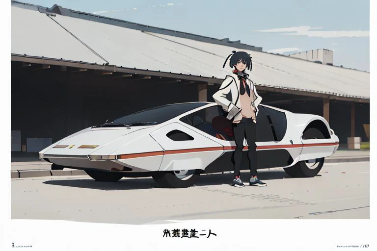 A solo woman in front of a Ferrari Modulo <lora:f3rr4r1m0dul0:0.8>, futuristic city, fog, (anime:1.6), <lora:add_detail:-1>