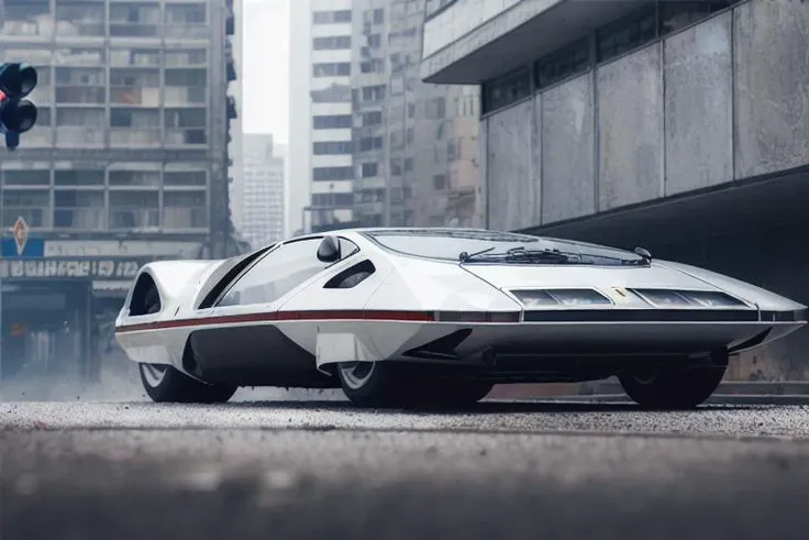 analog gloomy photo of a silver Ferrari Modulo car, <lora:f3rr4r1m0dul0:1>, racing down an avenue in a futuristic city, dystopian, ((cyberpunk)), High Detail, Sharp focus, ((photorealism)), realistic, best quality, 8k, award winning, dramatic lighting, epic, cinematic, masterpiece, depth of field, volumetric lights, dutch angle,