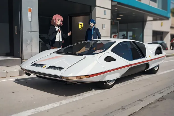 A solo woman in front of a Ferrari Modulo <lora:f3rr4r1m0dul0:0.8>, (anime:1.4),  <lora:add_detail:-0.5>