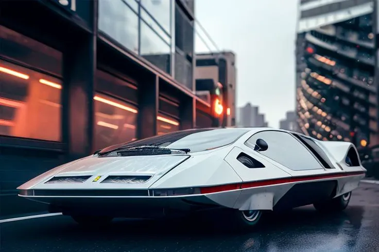 analog gloomy photo of a Ferrari Modulo car, <lora:f3rr4r1m0dul0:1>, racing down an avenue in a futuristic city at night, dystopian, ((cyberpunk)), ((nighttime)), High Detail, Sharp focus, ((photorealism)), realistic, best quality, 8k, award winning, dramatic lighting, epic, cinematic, masterpiece, depth of field, volumetric lights, dutch angle, lens flares,
