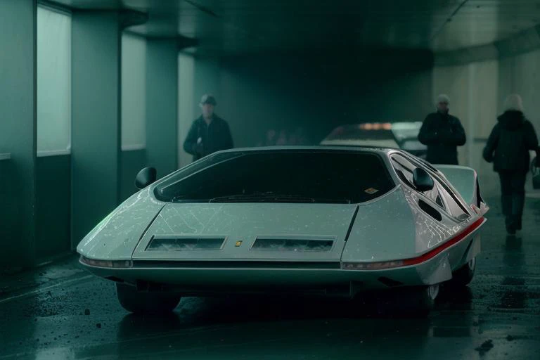 analog gloomy photo of a silver Ferrari Modulo car, <lora:f3rr4r1m0dul0:1>, racing down an avenue in a futuristic city at night, dystopian, ((cyberpunk)), ((nighttime)), High Detail, Sharp focus, ((photorealism)), realistic, best quality, 8k, award winning, dramatic lighting, epic, cinematic, masterpiece, depth of field, volumetric lights, dutch angle,