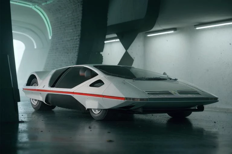 analog gloomy photo of a silver Ferrari Modulo car, <lora:f3rr4r1m0dul0:1>, racing down an avenue in a futuristic city at night, dystopian, ((cyberpunk)), ((nighttime)), High Detail, Sharp focus, ((photorealism)), realistic, best quality, 8k, award winning, dramatic lighting, epic, cinematic, masterpiece, depth of field, volumetric lights, dutch angle,