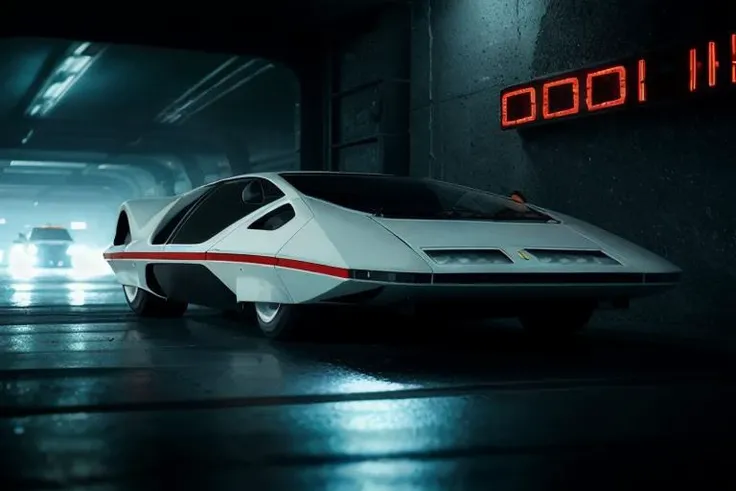 analog gloomy photo of a Ferrari Modulo car, <lora:f3rr4r1m0dul0:1>, racing down an avenue in a futuristic city at night, dystopian, ((cyberpunk)), ((nighttime)), High Detail, Sharp focus, ((photorealism)), realistic, best quality, 8k, award winning, dramatic lighting, epic, cinematic, masterpiece, depth of field, volumetric lights, dutch angle,