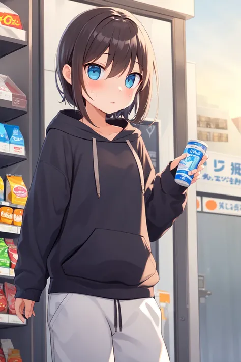 masterpiece, best_quality, 1girl, solo, hoodie, sweatpants, convenience store,