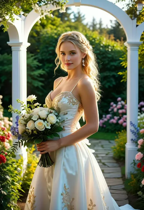 (medium full shot) of (supermodel young woman:1.1) bride, swedish with blonde hair in a braid, blue eyes, fair skin, slender,             wearing Brocade corset with gold embroidery, satin draped skirt, jeweled crown, satin platform heels, wedding veil, dainty floral hairpiece,             holding a bouquet of rustic bouquet of wildflowers and greenery, smiling at the viewer, making a finger gun gesture with her hand, .set in  Ceremony Garden, Romantic outdoor setting with a gazebo adorned with flowing drapes, white wooden folding chairs arranged in neat rows, blooming flower beds, a quaint wooden arch adorned with roses, and soft candle lanterns , at sunset. .Masterpiece,best quality, photorealistic, amazing quality, very aesthetic, extremely detailed face,