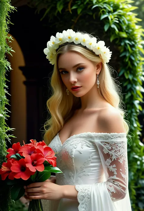 (medium full shot) of (supermodel young woman:1.1) bride, russian with blonde hair, blue eyes, fair skin, tall,,             wearing Velvet off-the-shoulder top with lace trim, velvet mermaid skirt, velvet headband, velvet platform heels, wedding veil, dainty floral hairpiece,             holding a bouquet of tropical bouquet of orchids and hibiscus blooms, scared at the viewer, pointing her finger at the viewer, .set in  Castle Garden, Enchanted garden with fairy lights twinkling in the trees, whimsical sculptures peeking from behind foliage, a winding path leading to a hidden alcove, and cozy hammocks swaying gently in the breeze . .Masterpiece,best quality, photorealistic, amazing quality, very aesthetic, extremely detailed face,