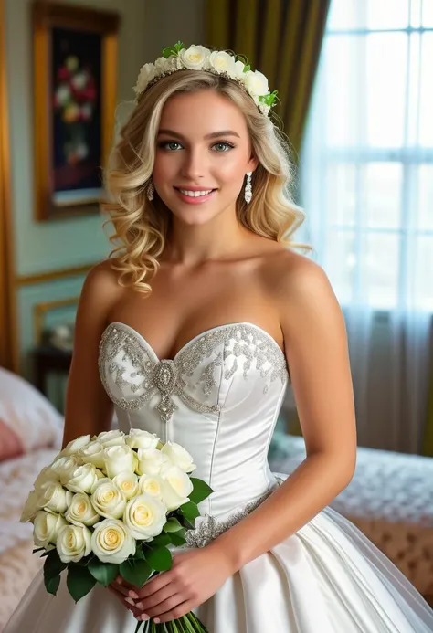 (medium full shot) of (desirable young woman:1.1) bride, french with curly blonde hair, bright green eyes, light skin, petite,             wearing Satin corset with ribbon lacing, tulle ball gown skirt with satin waistband, floral wreath headband, satin sandals, wedding veil, heirloom brooch,             holding a bouquet of bouquet of classic white roses, smiling at the viewer, making an ok sign with her hand, .set in  Bridal Suite, Luxurious room with a plush velvet chaise lounge, full-length mirrors surrounded by fairy lights, a vanity table adorned with fresh flowers, a wardrobe filled with bridal gowns, and a cozy fireplace , at sunset. .Masterpiece,best quality, photorealistic, amazing quality, very aesthetic, extremely detailed face,