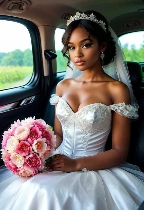 (medium full shot) of (angelic young woman:1.1) bride, black american with fringe hair, dark eyes, dark skin, curvy, wearing Satin corset with ribbon lacing, tulle ball gown skirt with satin waistband, floral wreath headband, satin sandals, wedding veil, dainty floral hairpiece, holding a bouquet of vibrant bouquet of peonies and hydrangeas in shades of pink and blush, scared at the viewer, pointing her finger at the viewer, .set in car Passenger Seat, Plush fabric seat with adjustable headrest, fold-down armrest, side storage pocket, seatbelt buckle, and a small air vent for climate control , at sunset. .Masterpiece,best quality, photorealistic, amazing quality, very aesthetic, extremely detailed face,