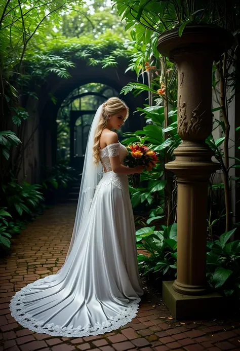 (medium full shot) of (sexy young woman:1.1) bride, french with curly blonde hair, bright green eyes, light skin, petite,             wearing Off-the-shoulder lace blouse, satin trumpet skirt, veil with lace trim, satin slingback heels, wedding veil, heirloom brooch,             holding a bouquet of tropical bouquet of orchids and hibiscus blooms, scared at the viewer,  she's brushing her hair with her fingers, .set in  Castle Garden, Magical forest garden with moss-covered pathways, mystical fog swirling around ancient trees, hidden fairy doors tucked into tree trunks, and a crystal-clear reflecting pool , at night. .Masterpiece,best quality, photorealistic, amazing quality, very aesthetic, extremely detailed face,