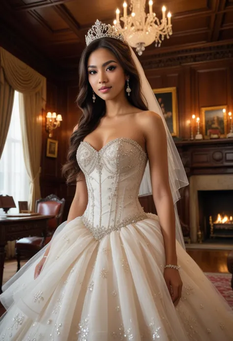 (medium full shot) of  (vivacious bride) young woman, thai, straight hair, brown eyes, light brown skin, tan skin, hazel eyes, Average, long brown layered cut hair,  wearing Crystal-embellished bustier with sheer panels, tulle ball gown skirt with crystal accents, crystal crown, crystal stilettos, wedding veil with lace, sparkling tiara adorned with pearls, holding a bouquet of tropical bouquet of orchids and hibiscus blooms, set in  castle Study, Stately room lined with oak paneling, a massive mahogany desk littered with quills and parchment, leather-backed chairs flanking the fireplace, a globe on a pedestal, shelves overflowing with ancient texts , at night, surprised, open mouth, running toward the viewer, Masterpiece,best quality, photorealistic, amazing quality, very aesthetic, extremely detailed face,