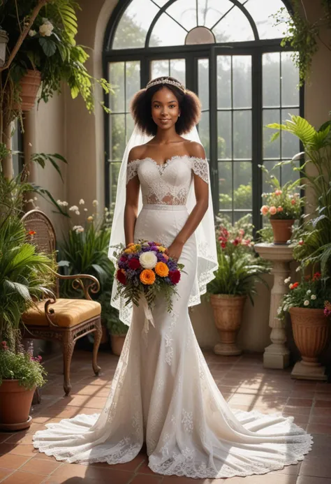 (medium full shot) of  (angelic bride) young woman, south african, dark eyes, dark skin, dark skin, brown eyes, slender, long brown afro hair,  wearing Velvet off-the-shoulder top with lace trim, velvet mermaid skirt, velvet headband, velvet platform heels, wedding veil with lace, embroidered sash cinching the bride's waist, holding a bouquet of rustic bouquet of wildflowers and greenery, set in  castle Conservatory, Serene chamber with tall windows overlooking a manicured garden, wicker furniture with plush cushions, potted plants thriving in the sunlight, a small fountain bubbling in the corner, colorful birdcages hanging from the ceiling , at night, smiling at the viewer, Masterpiece,best quality, photorealistic, amazing quality, very aesthetic, extremely detailed face,