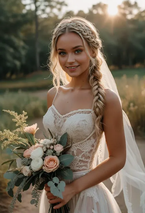 (medium full shot) of (esthetic bride) young woman, Average build, medium blonde dutch braid hair, spanish, tan skin, dark Blue eyes,  wearing crystal crown, Lace corset with ribbon detail, velvet maxi skirt with fringe, velvet block heels, wedding veil with lace, heirloom brooch satin gloves embellished with lace and pearls, holding a bohemian bouquet of protea and eucalyptus leaves, set in  park, running trail winding through a scenic landscape with trees, flowers, a small pond, fitness stations placed at intervals along the path , at sunset, woman smiling, detailed face, ,Masterpiece,best quality, photo, realistic, very aesthetic