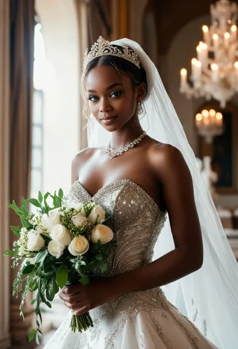 (medium full shot) of (sexy bride) young woman, Average build, extra long blonde bangs hair, south african, dark skin, black eyes,  wearing rhinestone tiara, sequined bustier with rhinestone accents, velvet wedding dress with sequin detail, velvet block heels, wedding veil with lace, heirloom pendant sparkling tiara adorned with pearls, holding a cascading bouquet of cascading amaranthus and trailing greenery, set in  a royal castle, with luxurious chambers, opulent furnishings, grand staircase, elegant gardens, and regal decor , at sunset, woman smiling, detailed face, ,Masterpiece,best quality, photo, realistic, very aesthetic