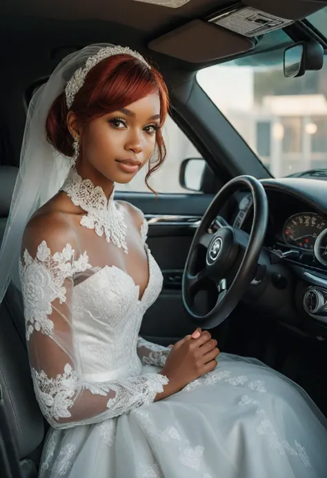 (medium full shot) of (gorgeous bride) young woman, lithe build, medium red bob cut hair, black american, dark skin, brown eyes,  wearing crystal hairpins, lace bodice with with ribbon detail, satin wedding dress with brocade detail, velvet block heels, wedding veil with lace, embroidered sash cinching the bride's waist delicate pearl necklace and earrings set, holding a bouquet of classic white roses, set in  car Driver's Seat, Contoured leather seat with adjustable lumbar support, sleek dashboard with digital display, cup holders, compact storage compartments, a steering wheel with integrated controls , at night, woman smiling, detailed face, ,Masterpiece,best quality, photo, realistic, very aesthetic