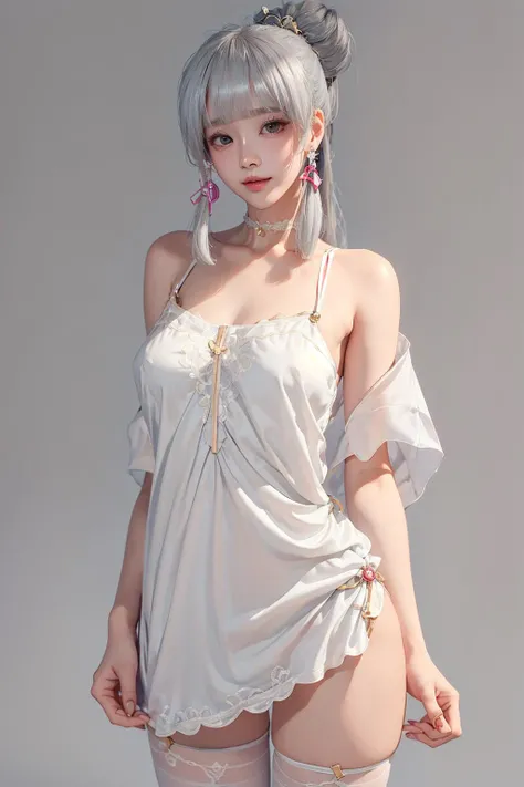 (nsfw:1.3), (photorealistic:1.2), (masterpiece, best quality:1.3), 1girl, (laced dress, nighty, night gown:1.3), <lora:ayaka.K1ZB:0.7>, embarrassed, nose blush, light smile, (white hair:1.2), breast out, clothes lift, (panty:1.1), white thighhighs, sidelocks, high ponytail, choker, blunt bangs, glossy skin, shiny skin, standing, (simple background, grey background:1.5), ulzzang, (PureErosFace_V1:0.7), looking at viewer, (arms behind back:1.3)