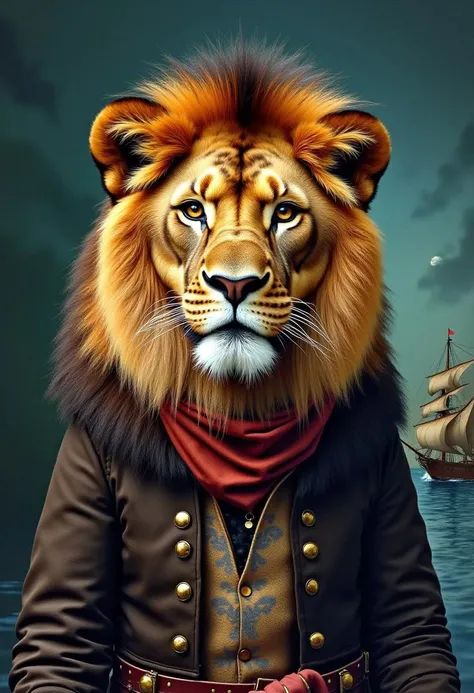 a lion, dark brown fur, black eyes eyes, short sleek fur, wearing an old fashioned pirates outfit with headscarf, old fashinoned sailing ship with human pirates in the background, triadic colors, vibrant colors, complex background, (watercolor painting:3), High detail, rich, intricate details, dark green background, night, natural realistic face proportions