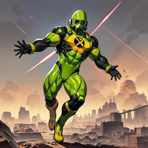 vntgpstr of "Captain Radium", Full body, Solo, 1man, Superhero, (neon green and black power suit: 1.0), (power pose: 1.0), (radiation symbol on chest: 1.0), (superhero physique: 1.0), heavily muscled, (gas mask: 1.0), city background, alien flying saucers, laser beams, dark and gritty, vintage, masterpiece, detailed, masterpiece, detailed,