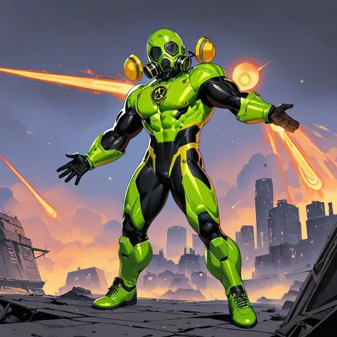 vntgpstr of "Captain Radium", Full body, Solo, 1man, Superhero, (neon green and black power suit: 1.0), (power pose: 1.0), (radiation symbol on chest: 1.0), (superhero physique: 1.0), heavily muscled, (gas mask: 1.0), city background, alien flying saucers, laser beams, dark and gritty, vintage, masterpiece, detailed, masterpiece, detailed,