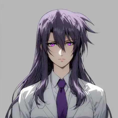 score_9, score_8_up, score_7_up, masterpiece, very high quality, precia testarossa, long hair, white shirt, necktie, middle aged woman, milf, regal, solo, 1girl, epiCPhoto, tall woman, blank background, BadDream, upper body, epic, purple eyes, purple hair, age lines, age lines under eyes
