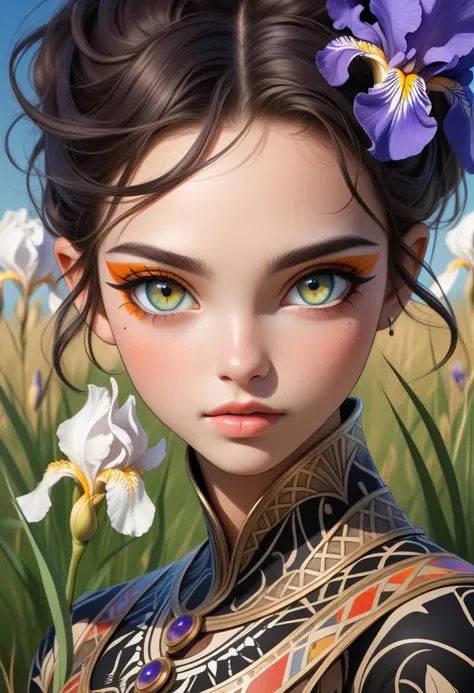(16k wallpaper:1.1),(Highest quality:1.4),(High resolution:1.4), girl, showcasing the intricate dance movement of a fashion-forward individual, each contributing to the overall image while maintaining its unique pattern and palette. The piece reflects the diverse aesthetics of the artists, grassland, Flat Lighting, (masterpiece:1.4), ((((perfect eyes anatomy)))), high contrast, girl center, make up, girl size balance, shine around the pupils, am10:10. perfect lighting shadow, iris, upper body, flower,