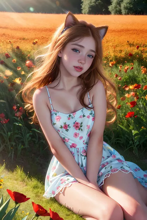 RAW, analog, Nikon Z 85mm, award winning ((full body)) glamour photograph, ((best quality)), ((masterpiece)), ((realistic)), gorgeous French girl wearing lace dress ,18 years old,  hazel eyes, in a field of poppies, petite, ((small breasts)), innocent, flower pedals in the air, ((freckles)), intricate details, highly detailed, sharp focus, digital render, professional, 4k, artstation, artgerm, octane render, spring flowers blooming, god rays, hand model, stunning blue eyes, petite, delicate, innocent, highres, detailed facial features, high detail, sharp focus, smooth, aesthetic, extremely detailed, stamp, octane render, photo_\(ultra\), photorealistic, realistic, post-processing, max detail, roughness, real life, ultra realistic, photorealism, photography, 8k uhd, photography, SEMI-SILHOUETTE light, russian face, octane render,, an award winning photo of EKah, ginger hair, (cat ears:1.1),  small breasts,<lora:EKah2:1>,age 18,
