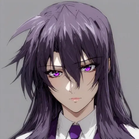 score_9, score_8_up, score_7_up, masterpiece, very high quality, precia testarossa, long hair, white shirt, necktie, middle aged woman, milf, regal, solo, 1girl, epiCPhoto, tall woman, blank background, BadDream, upper body, epic, purple eyes, purple hair, age lines, age lines under eyes