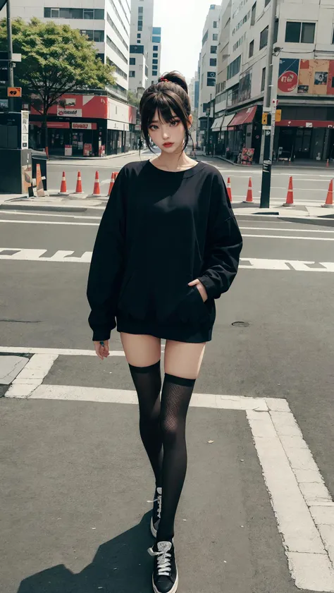 ultra wide angle shot,cinematic style,8k,RAW photo,photo-realistic,masterpiece,best quality,highres,extremely detailed,intricate details,absurdres resolution,High quality texture,detailed texture,vivid color,professional lighting,radiosity,photon mapping,physically-based rendering,High quality shadow,Ray tracing,perfect body,perfect face,Sony A7,extremely beautiful,1girl,solo,oversize sweatshirt,(zettai ryouiki:1.2),black pantyhose,fishnet pantyhose,loose socks,slim long legs,outdoors,looking at viewer,full body,(gothic makeup:1.2),lips,High Top Converse,red shoes,hands in pockets,sleeves past wrists,long sleeves,standing,road,street,building,sign,scrunchie,ponytail,bangs,city,road sign,walking,no pants,