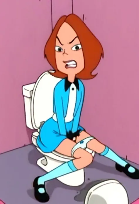 score_9, score_8_up, score_7_up,, BREAK, high res, best quality, perfect hands, 1girl, cute, solo, full body, BREAK white panties, ((panty pull:1.3)), BREAK indoors, bathroom, (toilet stall:1.3), toilet, toilet use, (sitting:1.3), toilet seat up,BREAK, Ashley Quinlan, brown hair, medium hair, makeup, narrow waist, wide hips, flat chest, pale blue shirt, light blue jacket, light blue socks, blue skirt, black shoes, show accurate style, full body, BREAK, recess, panties pulled down, looking at viewer, source_cartoon, <lora:Ashley_Q.:1>, raised eyebrow, toilet paper, panties around legs, angry, hands between thighs