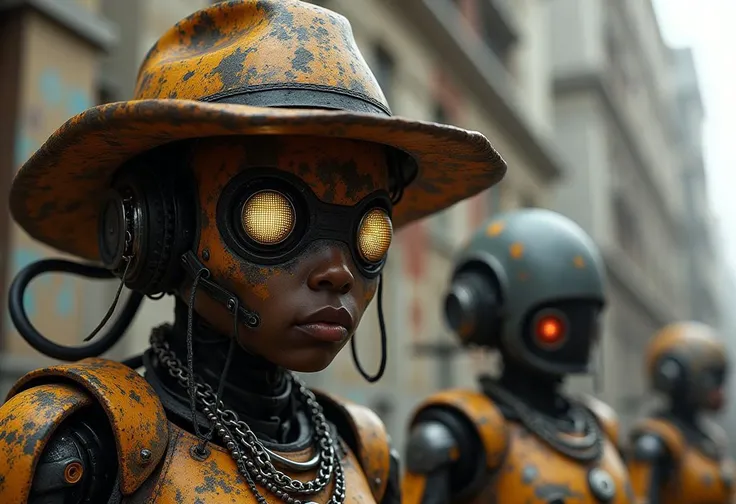 d1st0p14, a dystopian scene featuring a robot similar to chappie, with a cowboy hat, with led dotted panel screen on eyes, with gangster jewelry, the robot is very detailed and has spray tags on it. there is a big fat title with the text "Dawn Of Dystopia" in bold rusty font, d1st0p14