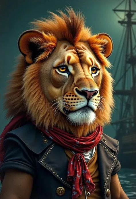 a lion, dark brown fur, black eyes eyes, short sleek fur, wearing an old fashioned pirates outfit with headscarf, old fashinoned sailing ship with human pirates in the background, triadic colors, vibrant colors, complex background, (watercolor painting:3), High detail, rich, intricate details, dark green background, night, natural realistic face proportions