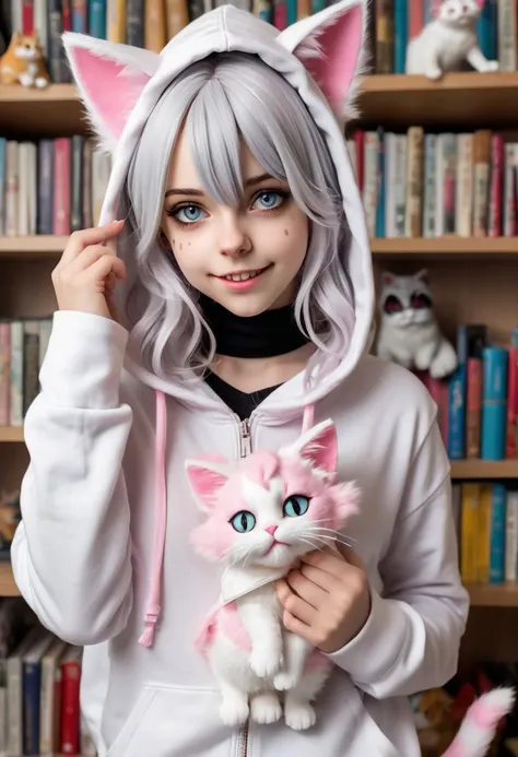 The image is a high-resolution photograph of a young woman dressed in a cosplay costume, specifically a catgirl outfit. She has long, flowing silver hair that cascades down her shoulders, and she wears a white, fluffy, long-sleeved hoodie with a pink zipper. On her head, she has white cat ears with pink inner linings, adding to her feline theme. Around her neck, she wears a black choker with a small, round, pink and white cat bell attached to it, which jingles softly.
Her skin is fair, and she has a youthful, delicate appearance with a slight blush on her cheeks, giving her a cute, playful look. Her eyes are large and expressive, with a hint of makeup, and her mouth is slightly open, revealing her teeth in a playful, mischievous expression. She has her hands up, claws extended, in a playful, cat-like pose.
In the background, there is a large bookshelf filled with various anime and manga figurines, plush toys, and other collectibles, indicating a passionate hobby or interest in the genre. The overall scene is bright and well-lit, enhancing the playful, whimsical atmosphere of the image.