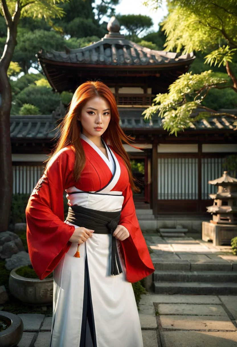 (masterpiece), (best quality), 25 year old hot beautiful shaolin woman with perfect face and perfect hourglass figure with long bright red hair wearing tight shaolin monk uniform huge breast in a taoist garden, <lora:JJsJapaneseGarden_XL:0.55> Japanese Garden <lora:Temple Guard v1.0:0.55> 7-JapaneseArchitecture <lora:CulturePunkAI_3:0.55> SamuraiPunkAI, masterful composition, dynamic volumetric lighting, realistic ray_tracing, reflection, hyperrealistic, shallow depth of field, f/2.4, bokeh,