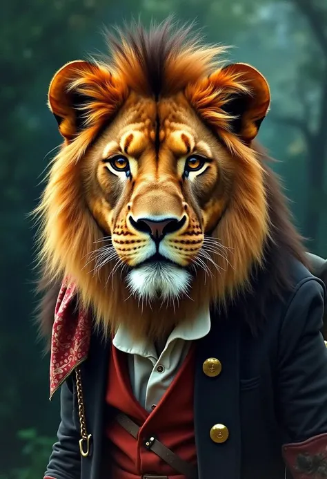 a lion, dark brown fur, black eyes eyes, short sleek fur, wearing an old fashioned pirates outfit with headscarf, old fashinoned sailing ship with human pirates in the background, triadic colors, vibrant colors, complex background, (watercolor painting:3), High detail, rich, intricate details, dark green background, night, natural realistic face proportions