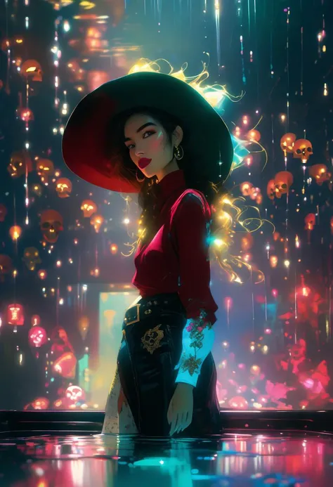 score_9, score_8_up, score_8_up, ((Cinematic composition)),((masterpiece)), (resplendent highlighting), 8k.
1girl, (full body, facing camera, from low to the ground). beautiful Lebanese Chinese model (glowing skull make up) on walks under a pool with a glass bottom. (Dressed as a cowgirl for Halloween, exposed midriff), short vest, cowboy hat and boots. Low waisted jeans((full body)) long naturally wavy black hair caught up by the wind. (resplendent highlighting of her face). Charcoal and colourful oil pastels. impressionistic bidimensional.
faded watercolours (Klimt :1.2) dadaistic collage (by Bill Sienkiewicz:1.5), strikingly alluring face. brilliant spotlight effect. A splash of paint explodes out of her chest. Vibrant thick dripping paint. Intense detail, realistic, dynamic shadows and contrasts.
surreal, intense colors, liquid, unreal parts, alluring, fluid, perfection, gothic. (Luminous skin dynamically highlighted), Illustration, (klimt:0.8) (Bill Sienkiewicz:1.5). maximum detail, Chinese watercolor and ink technique. Gold leaf highlights.
<lora:xl_more_art-full_v1:0.4> <lora:epi_noiseoffset2:1>3