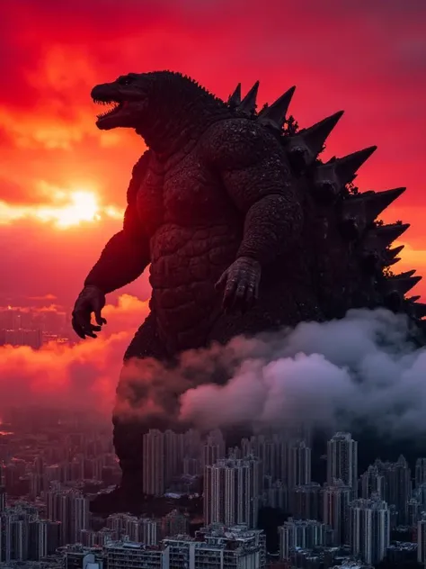 lion_rock_hk,A colossal kaiju-like monster emerges from Lion Rock in Hong Kong, silhouetted against a blood-red sunset as snow falls on the city below.epic scale, Godzilla-inspired, neon city lights, dramatic lighting, low-angle shot, mist, skyscrapers, monster roar, cinematic composition