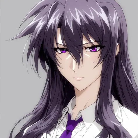 score_9, score_8_up, score_7_up, masterpiece, very high quality, precia testarossa, long hair, white shirt, necktie, middle aged woman, milf, regal, solo, 1girl, epiCPhoto, tall woman, blank background, BadDream, upper body, epic, purple eyes, purple hair, age lines, age lines under eyes