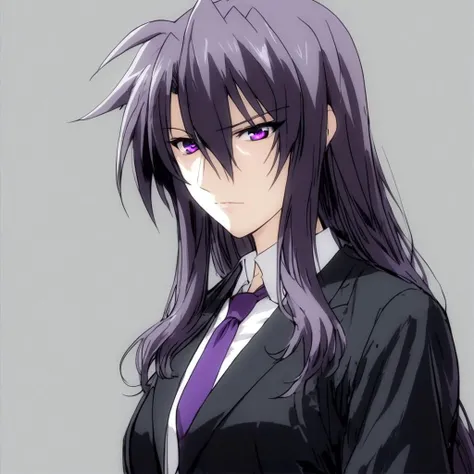 score_9, score_8_up, score_7_up, masterpiece, very high quality, precia testarossa, long hair, white shirt, necktie, middle aged woman, milf, regal, solo, 1girl, epiCPhoto, tall woman, blank background, BadDream, upper body, epic, purple eyes, purple hair, age lines, age lines under eyes