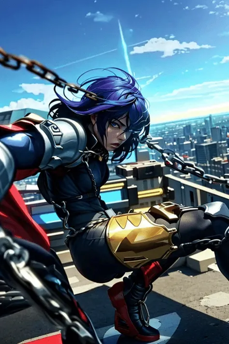 <lora:flamingEyeConcept_flamingEye:1>, flaming eye, photo of a girl in bodysuit,fighting stance, extremely detailed, city background, chains, cloud