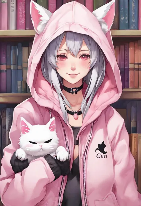 The image is a high-resolution photograph of a young woman dressed in a cosplay costume, specifically a catgirl outfit. She has long, flowing silver hair that cascades down her shoulders, and she wears a white, fluffy, long-sleeved hoodie with a pink zipper. On her head, she has white cat ears with pink inner linings, adding to her feline theme. Around her neck, she wears a black choker with a small, round, pink and white cat bell attached to it, which jingles softly.
Her skin is fair, and she has a youthful, delicate appearance with a slight blush on her cheeks, giving her a cute, playful look. Her eyes are large and expressive, with a hint of makeup, and her mouth is slightly open, revealing her teeth in a playful, mischievous expression. She has her hands up, claws extended, in a playful, cat-like pose.
In the background, there is a large bookshelf filled with various anime and manga figurines, plush toys, and other collectibles, indicating a passionate hobby or interest in the genre. The overall scene is bright and well-lit, enhancing the playful, whimsical atmosphere of the image.