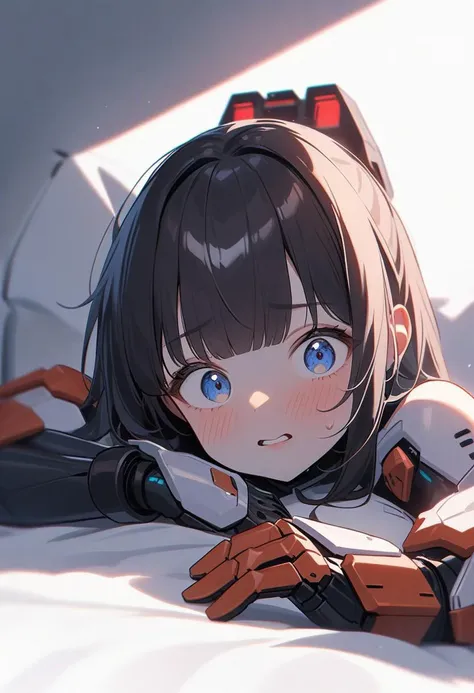 masterpiece, best quality, hyper-detailed, 1girl, solo, long black hair with bangs, bright blue eyes, blushing, slightly parted lips, surprised expression, futuristic skin-tight bodysuit, black and white color scheme with red accents, exposed shoulders and cleavage, thigh-high white boots, mechanical arm guards and leg attachments, orange mechanical hand attachments, complex technological details, lying on white sheets, dynamic pose, side view, upper body focus, sci-fi setting, holographic red interface elements, Chinese characters overlay, mecha musume, cyberpunk aesthetic, studio lighting, soft shadows, high contrast, 8k resolution
<lora:add-detail-xl:2>