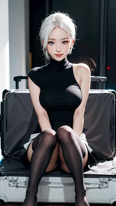 fashion editorial,photoshooting,in airport,nsfw,best quality,masterpiece,hdr,highres,cute face,young girl,white hair,sit on her suitcase,Black Turtleneck Sweater,leather miniskirt,thighhighs,seductive smile,high heels,<lora:sexy office lady:0.6>,