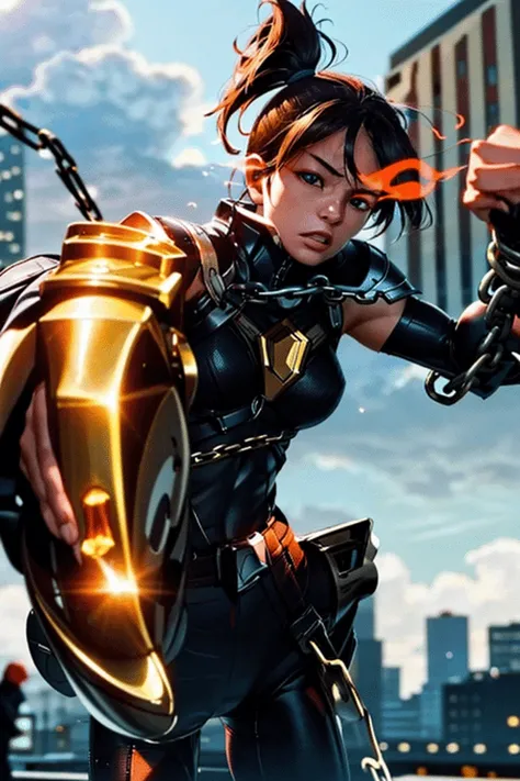 <lora:flamingEyeConcept_flamingEye:1>, flaming eye, photo of a girl in bodysuit,fighting stance, extremely detailed, city background, chains, cloud