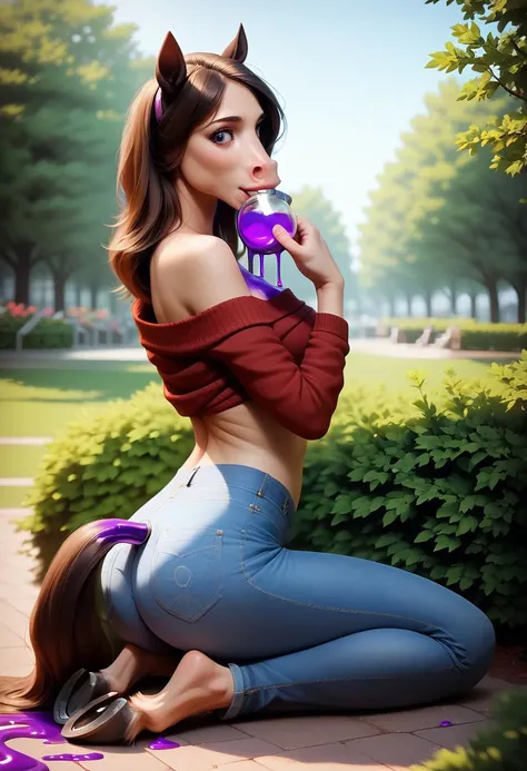 score_9, score_8_up, score_7_up, 1girl, solo, innocent, slim build, girl with brown hair, sitting on your knees, jeans and sweater, park, looks at viewer, butt, realistic, tail, portrait, blur background, bushes, hand on chest, transformation, horse hooves, anthro face,, spherical flask with purple liquid, stained with purple liquid