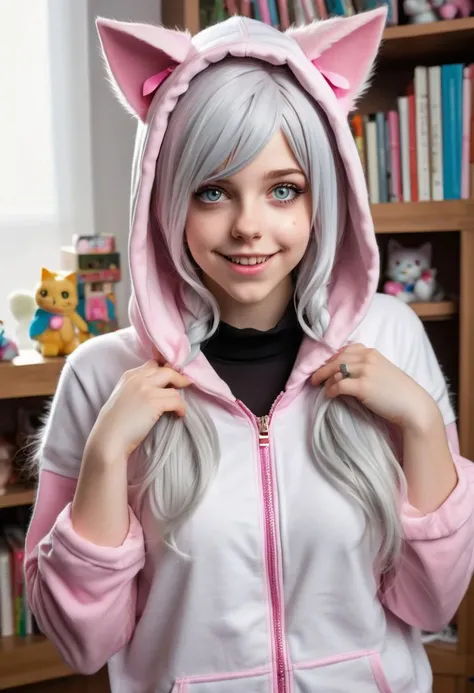 The image is a high-resolution photograph of a young woman dressed in a cosplay costume, specifically a catgirl outfit. She has long, flowing silver hair that cascades down her shoulders, and she wears a white, fluffy, long-sleeved hoodie with a pink zipper. On her head, she has white cat ears with pink inner linings, adding to her feline theme. Around her neck, she wears a black choker with a small, round, pink and white cat bell attached to it, which jingles softly.
Her skin is fair, and she has a youthful, delicate appearance with a slight blush on her cheeks, giving her a cute, playful look. Her eyes are large and expressive, with a hint of makeup, and her mouth is slightly open, revealing her teeth in a playful, mischievous expression. She has her hands up, claws extended, in a playful, cat-like pose.
In the background, there is a large bookshelf filled with various anime and manga figurines, plush toys, and other collectibles, indicating a passionate hobby or interest in the genre. The overall scene is bright and well-lit, enhancing the playful, whimsical atmosphere of the image.
