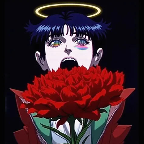 <lora:FLUX-SyntheticAnime:v1.0:1.00> 1980s anime screengrab, VHS quality, syntheticanime.. A front view close-up of the same girl. She has a halo over her head, and her eyes are RGB glitched with noise. She opens her mouth wide, from which emerges a large red sunflower-like flower. The scene embodies a dark theme, enhancing the surreal and striking visual.