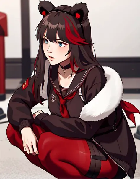 a girl, <lora:z3maArknights_zimaOldMyFirstLora:0.8>, sitting, legs crossed, from below, (red) pantyhose, in an office, shy, ,animal ears, solo, blue eyes, fur trim, bear ears, long hair, multicolored hair, brown hair, sailor collar, , streaked hair, red hair, bangs, jacket, choker, long sleeves, black choker, black sailor collar, fur-trimmed jacket, open clothes, neckerchief, black headwear, red neckerchief, shirt, collarbone, black jacket, school uniform, pleated skirt, red pantyhose,