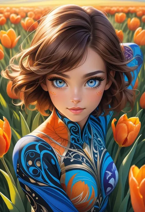(16k wallpaper:1.1),(Highest quality:1.4),(High resolution:1.4), girl, showcasing the intricate (((((dance))))) movement of a fashion-forward individual, each contributing to the overall image while maintaining its unique pattern and palette. The piece reflects the diverse aesthetics of the artists, grassland, Flat Lighting, (masterpiece:1.4), ((((perfect eyes anatomy)))), high contrast, girl center, make up, (((girl size balance))), shine around the pupils, am10:10. perfect lighting shadow, iris, upper body, orange tulip flower, brown hair, overview, happy, hands up, blue eyes,