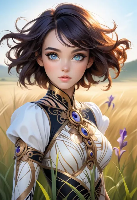 (16k wallpaper:1.1),(Highest quality:1.4),(High resolution:1.4), girl, showcasing the intricate dance movement of a fashion-forward individual, each contributing to the overall image while maintaining its unique pattern and palette. The piece reflects the diverse aesthetics of the artists, grassland, Flat Lighting, (masterpiece:1.4), ((((perfect eyes anatomy)))), high contrast, girl center, make up, girl size balance, shine around the pupils, am10:10. perfect lighting shadow, iris, upper body, flower,